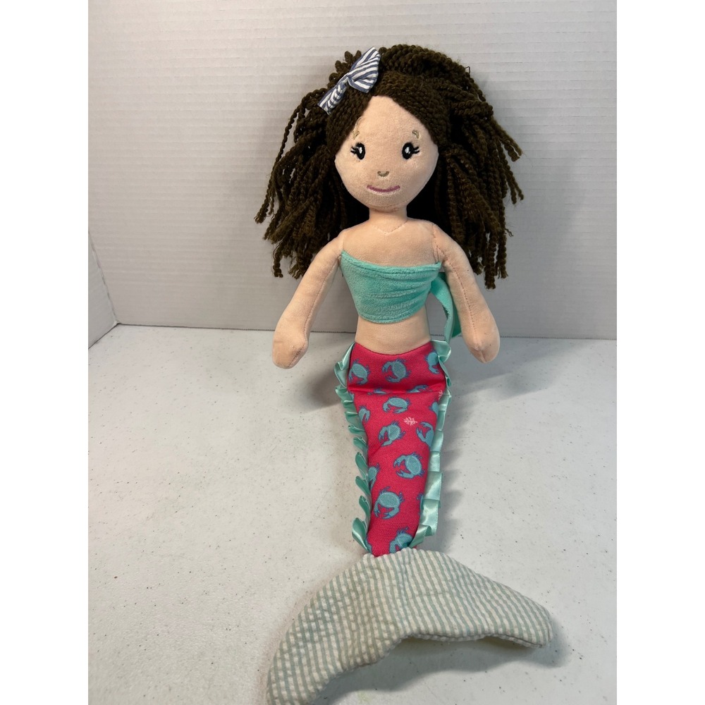 The Preppy Pelican Mermaid Plush Rag Doll Pink Crab Tail Brown Yarn Hair 19.5"